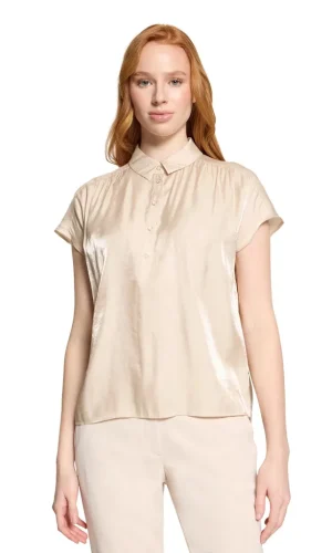 Blouse Col Chemise Manches Courtes Irisée Unie