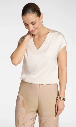 Blouse Col V Manches Courtes Satinée Stretch Unie