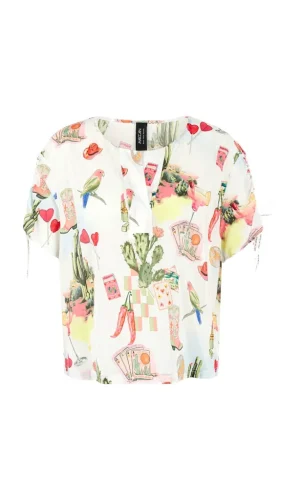 Blouse Col V Manches Courtes Froncées Dos Plus Long Imprimée