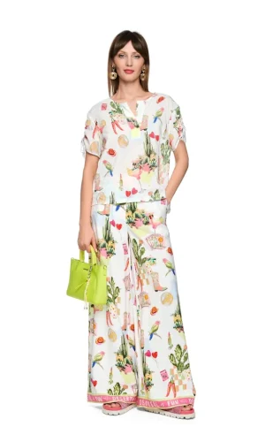 Blouse Col V Manches Courtes Froncées Dos Plus Long Imprimée