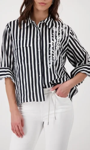 Chemise Manches Trois-quarts Rayée Broderie Placée