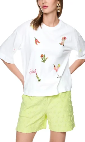 Tee Shirt Col Rond Manches Courtes Oversized Motif Placé Sequins Coton