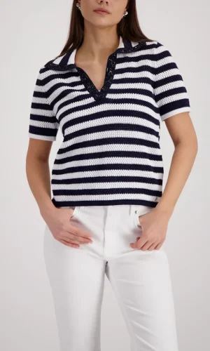 Polo Col Strass Manches Courtes Tricoté Rayé Coton