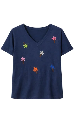 Pull Col V Manches Courtes Palmiers Brodés Lin