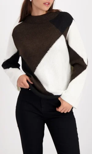Pull Col Montant Manches Longues Motif Géométrique Tricolore