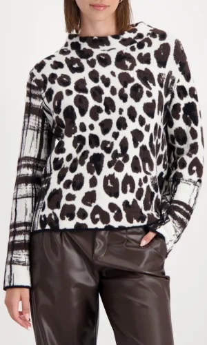 Pull Col Montant Manches Longues Double Motif Carreaux Et Imprimé Léopard