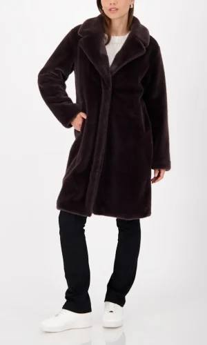 Manteau Long Manches Longues Fausse Fourrure Deux Poches Pressions Uni