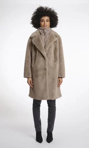 Manteau Mi Long Manches Longues Col Montant Amovible Fausse Fourrure Uni