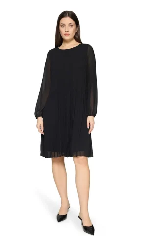 Robe Longueur Genoux Col Rond Manches Longues Trasnparentes Plissée Unie