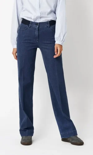 Pantalon Jean Long Taille Moyenne Elastique Quatre Poches Jenny Wide Leg Droit Uni