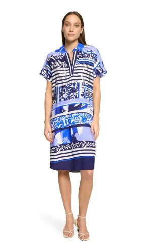 Robe Longueur Genoux Col Polo Manches Courtes Fluide Imprimée Floral Allover