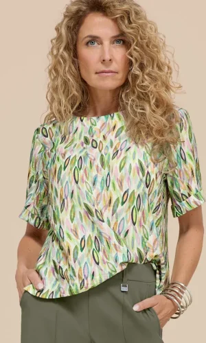Blouse Col Rond Manches Courtes Boutonnée Dos Imprimée