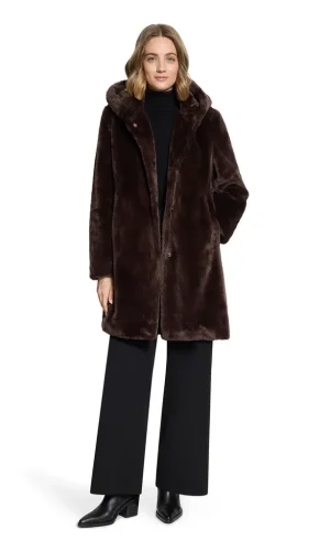Manteau Mi-long Manches Longues Zippé à Capuche Pressions Fausse Fourrure Deux Poches Uni
