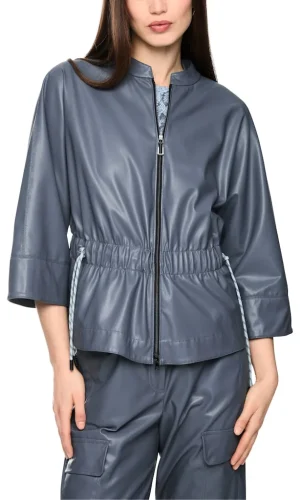 Veste Manches Trois Quarts Ceinturée Cordons Unie Faux Cuir