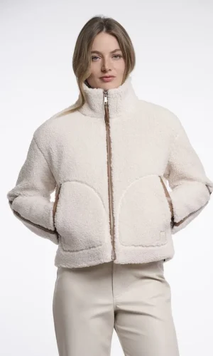 Veste Courte Col Montant Manches Longues Deux Poches Zippée Bouclette Détail Faux Cuir Unie