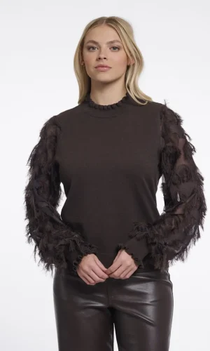Pull Col Montant Manches Transparentes Longues Plumes Appliquées Uni
