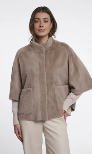 Gilet Cape Col Montant Manches Trois-quarts Deux Poches Fausse Fourrure Uni
