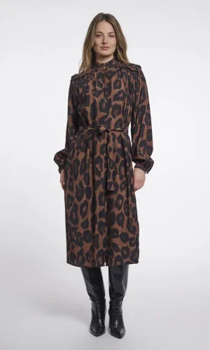 Robe Chemise Midi Col Montant Boutonné Manches Longues Bouffantes Fente Côté Ceinture Imprimé Léopard