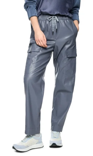 Pantalon Long Taille Moyenne Elastique Cordons Cargo Deux Poches Faux Cuir Uni