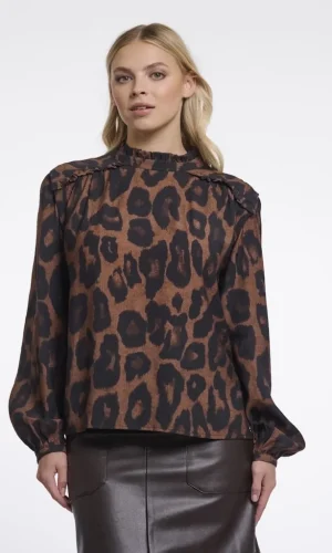 Blouse Col Montant Manches Longues Bouffantes Imprimé Léopard
