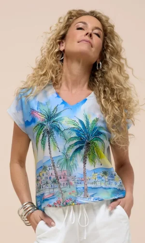 Blouse Col V Manches Courte Imprimée Bande Bas Elastique