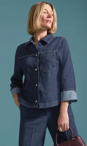 Veste Jean Manches Longues Boutonné Une Poche Evasé Dos Bas Arrondi