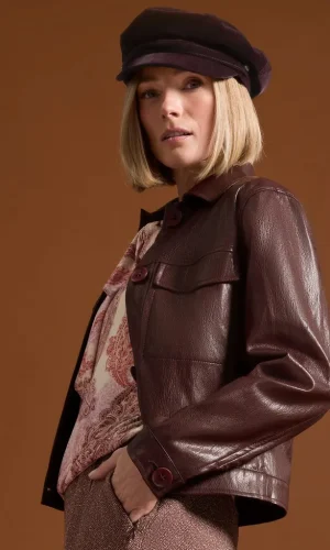 Veste Col Chemise Manches Longues Boutonnée Deux Poches Faux Cuir