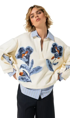 Sweat Surchemise Col Chemise Manches Longues Avec Détails Brodés