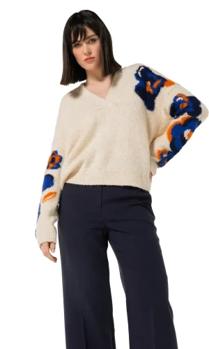 Pull Col V Manches Longues Tricoté Fleurs Sur Manches