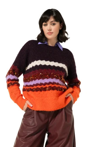 Pull Col Rond Manches Longues Bandes Multicolores Et Sequins