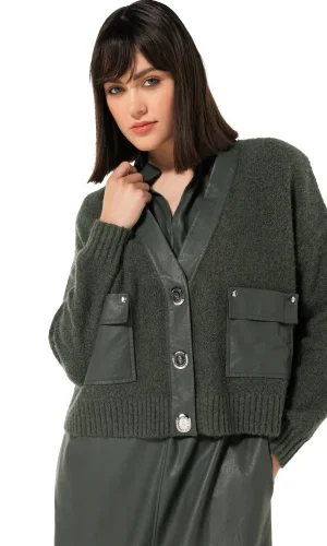 Gilet Col V Manches Longues Boutonné Deux Poches Détails Faux Cuir Uni