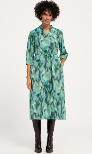 Robe Longueur Genoux Col V Manches Longues Elastique Ceinture Fluide Imprimé