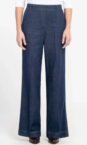 Pantalon Jean Taille Moyenne Elastique Dos Deux Poches Françaises Wide Legs Fluide Uni