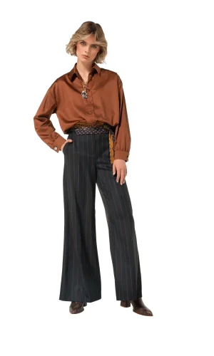 Pantalon Jean Long Taille Moyenne Quatre Poches Rayé Droit Ceinture Cravate Jambes Larges