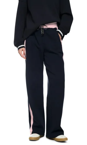 Pantalon Long Taille Moyenne Elastique Cordons Bandes Latérales Deux Poches Bicolore