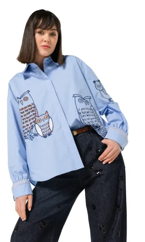 Chemise Manches Longues Brodé Poignée Anneau Motif Hibou