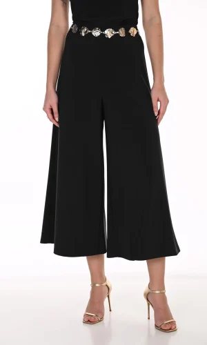 Pantalon Sept-huitième Taille Moyenne Elastique Ceinture Doré Droit Fluide Uni