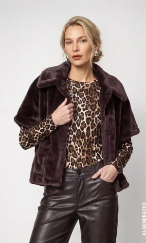 Cape Col Chemise Manches Courtes Pressions Deux Poches Fausse Fourrure Unie