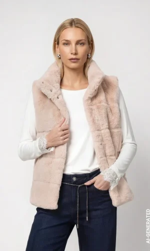 Veste Col Montant Sans Manches Zippé Fausse Fourrure Uni