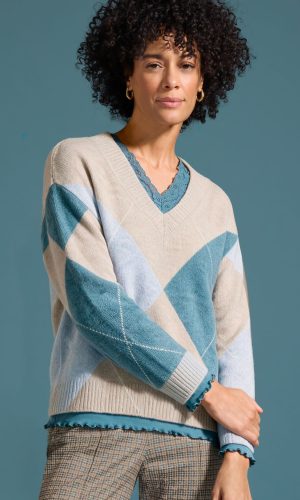 Pull Col V Manches Longues Motifs Placé Losanges