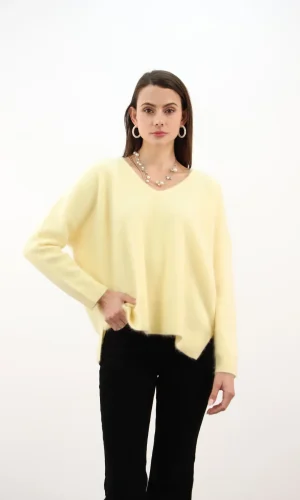 Pull Col V Manches Longues Oversized 60%raccoon,30%angora,10%laine Uni