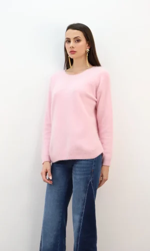 Pull Col Rond Manches Longues Boutons Dos Colorés 60%raccoon, 30% Angora, 10% Laine Uni