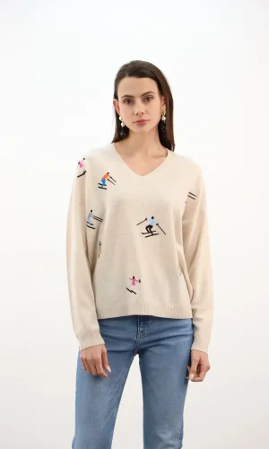 Pull Col V Manches Longues Broderie Skieur 100% Cachemire