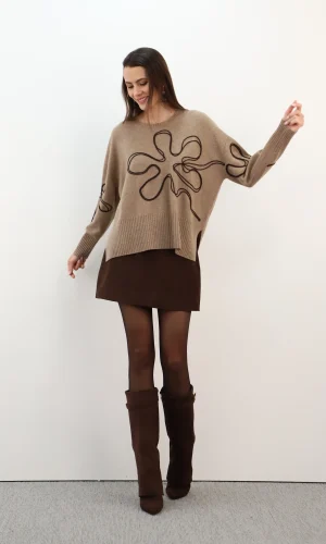 Pull Col Rond Manches Longues Broderie Fleurs 100% Cachemire