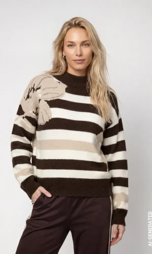 Pull Col Rond Manches Longues Rayé Motif Placé Floral