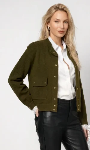 Gilet Col Montant Manches Longues Pressions Deux Poches Boutons Dorés Uni
