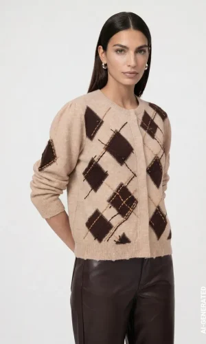 Gilet Col Rond Manches Longues Boutonné Losanges Strass Bicolore