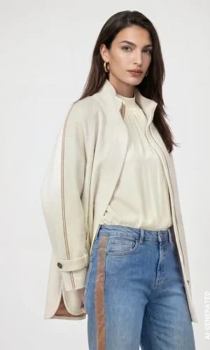 Gilet Cape Col Montant Manches Longues Deux Poches Zippées Bas Arrondi Uni