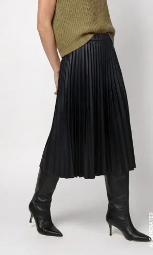 Jupe Midi Taille Elastique Plissée Faux Cuir Unie