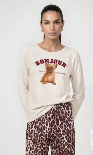 Tee Shirt Col Rond Manches Longues Motif Placé Bulldog